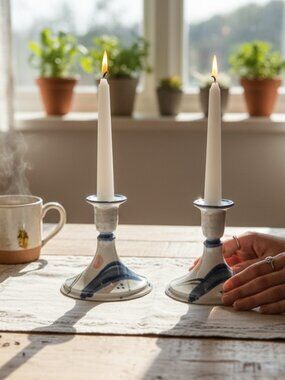 Artisan Handmade Vintage 80s White Pastel Earthenware‎ Taper Candlestick Holders